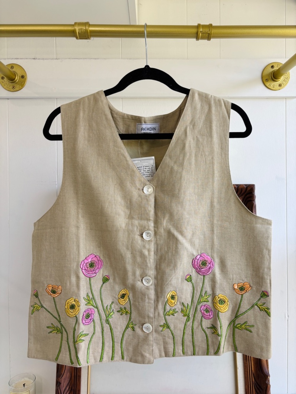 NWT Linen Vest Embroidered Floral Top Natural Boxy Flowers Medium to Large